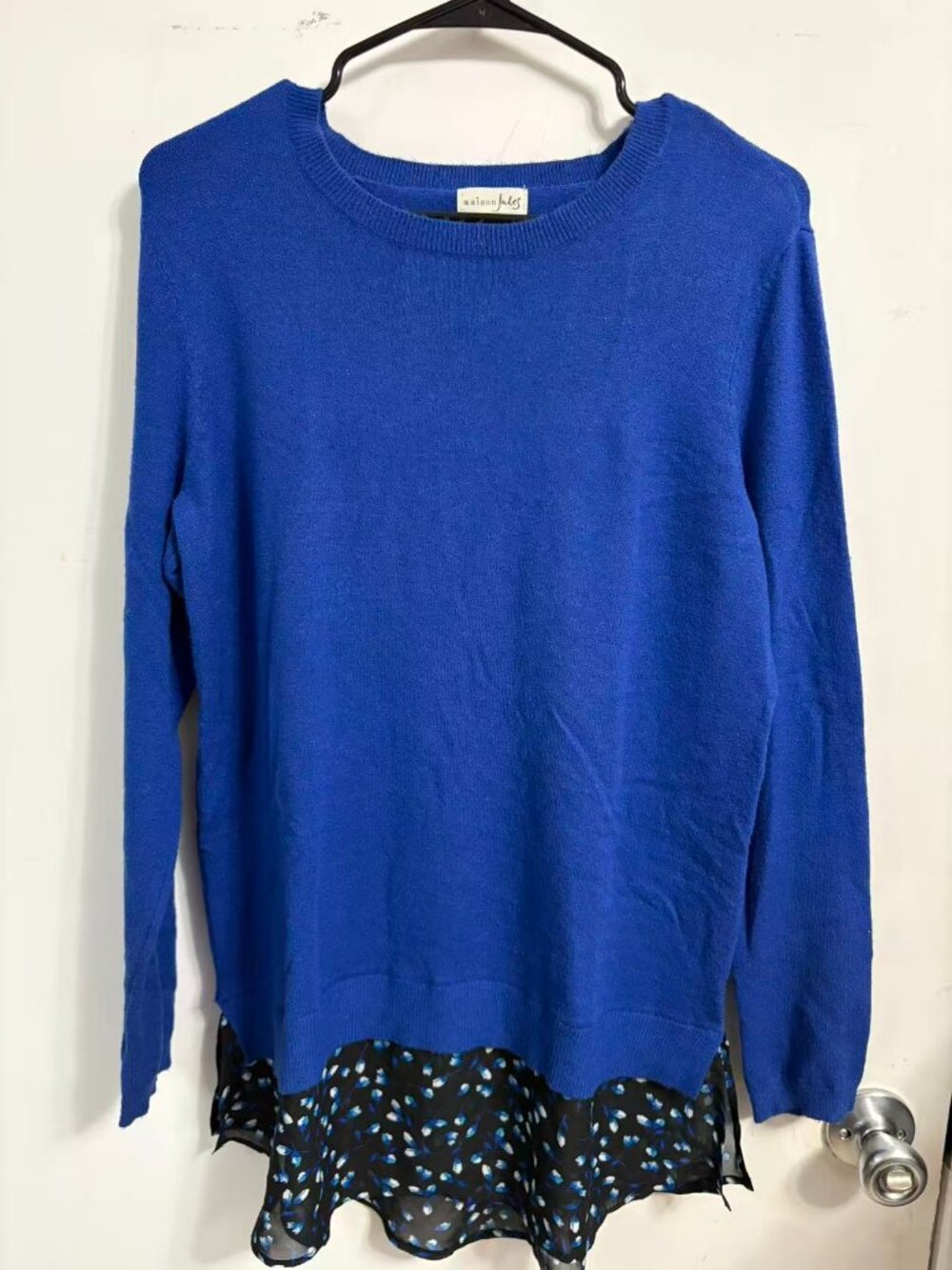 Maison Jules Women Size L Blue Long Sleeve layered Floral Chiffon Hem Sweater